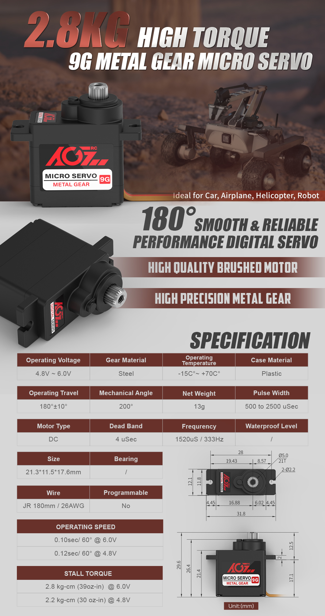 B11DLS 180 Degree 2.8KG 0.1Sec Upgrade Steel Gear 6V Digital Mini Throttle Steering 11g RC Servo